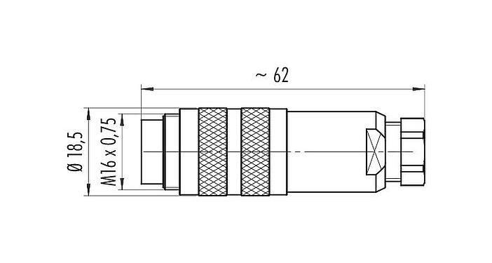 Scale drawing M16 Male cable connector, Contacts: 2 (02-a), 4.0-6.0 mm, shieldable, solder, IP67, UL 2238