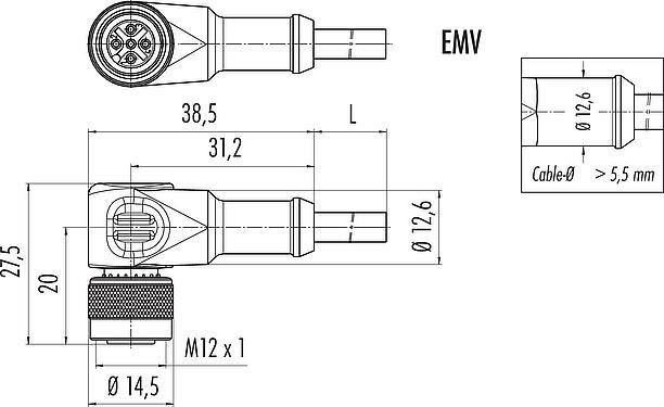 Dibujo a escala M12 Conector hembra en ángulo, Número de contactos: 12, blindado, moldeado en el cable, IP67, UL 2238, PUR, negro, 12 x 0,25 mm², 10 m