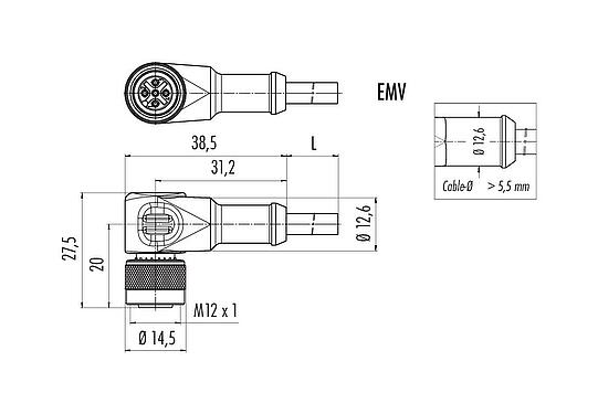 Scale drawing M12 Female angled connector, Contacts: 3, shielded, moulded on the cable, IP67, UL 2238, PVC, grey, 3 x 0.34 mm², 2 m