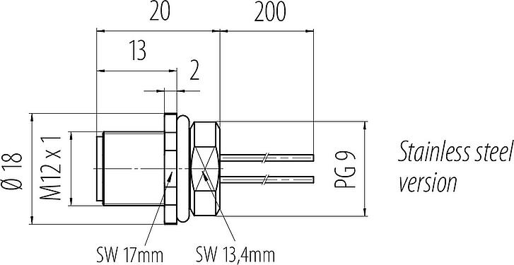Dibujo a escala M12 Enchufe de brida, Número de contactos: 4, sin blindaje, hilos, IP68, UL 2238, PG 9, Montaje frontal, Acero inoxidable, moldeado