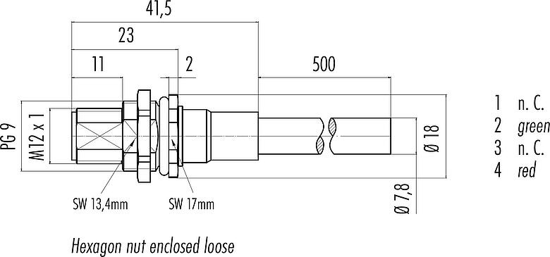 Dibujo a escala M12 Enchufe de brida, Número de contactos: 2, blindado, con cables ensamblado, IP68, PG 9, Profibus, PUR, morado, 1 x 2 x 0,25 mm², Montaje frontal, 0,5 m