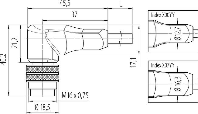 Scale drawing M16 Male angled connector, Contacts: 4, shielded, moulded on the cable, IP67, PUR, black, 4 x 0.34 mm², 5 m