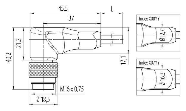 Dessin coté M16 Connecteur mâle coudé, Contacts: 6, blindé, surmoulé sur le câble, IP67, PUR, noir, 6 x 0,25 mm², 2 m