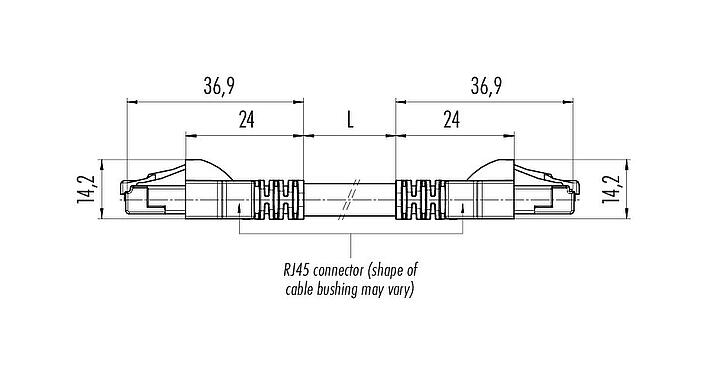 Scale drawing RJ45/RJ45 Connecting cable 2 RJ45 connector, Contacts: 8, shielded, Piercing technology, IP20, Ethernet CAT6a, TPE, green, 4 x 2 x AWG 24, 2 m