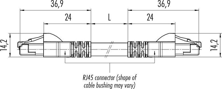 Scale drawing RJ45/RJ45 Connecting cable 2 RJ45 connector, Contacts: 8, shielded, Piercing technology, IP20, Ethernet CAT6a, TPE, green, 4 x 2 x AWG 24, 1 m