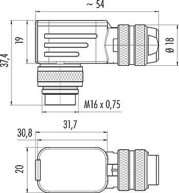 Scale drawing M16 Male angled connector, Contacts: 5 (05-a), 6.0-8.0 mm, shieldable, crimping (Crimp contacts must be ordered separately), IP67, UL 2238