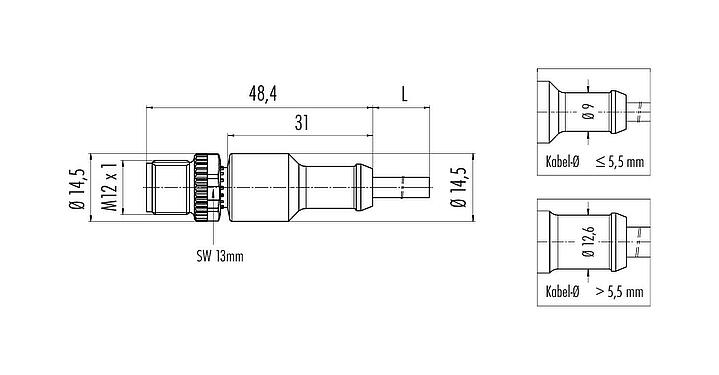 Dessin coté M12 Connecteur mâle, Contacts: 4, non blindé, surmoulé sur le câble, IP68/IP69K, UL 2238, Standard, PVC, jaune, 4 x AWG 22, 2 m
