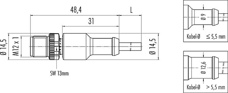 Dessin coté M12 Connecteur mâle, Contacts: 4, non blindé, surmoulé sur le câble, IP68/IP69K, UL 2238, Standard, PVC, jaune, 4 x AWG 22, 2 m