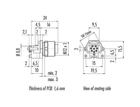 Dibujo a escala M12 Toma de brida, Número de contactos: 8, blindable, THR, IP68, UL 2238, M12x1,0, Montaje frontal, para montaje de PCB