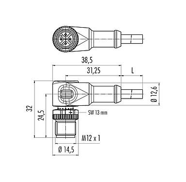 Scale drawing M12 Male angled connector, Contacts: 4, unshielded, moulded on the cable, IP68/IP69K, UL 2238, PVC, grey, 4 x 0.34 mm², with LED PNP closer, 10 m