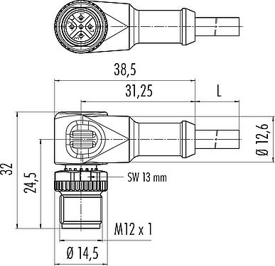 Dessin coté M12 Connecteur mâle coudé, Contacts: 3, non blindé, surmoulé sur le câble, IP68/IP69K, UL 2238, PUR, noir, 3 x 0,34 mm², avec LED, PNP, 5 m