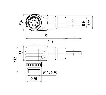 Scale drawing M16 Male angled connector, Contacts: 5 (05-a), unshielded, moulded on the cable, IP67, PUR, black, 5 x 0.25 mm², 2 m