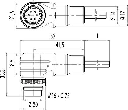 Dessin coté M16 Connecteur mâle coudé, Contacts: 5 (05-a), blindé, surmoulé sur le câble, IP67, PUR, noir, 5 x 0,25 mm², 2 m