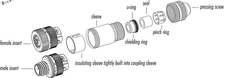 Dessin des composants M12 Connecteur femelle, Contacts: 8, 4,0-6,0 mm, blindable, pince à visser, IP67, avec anneau de protection