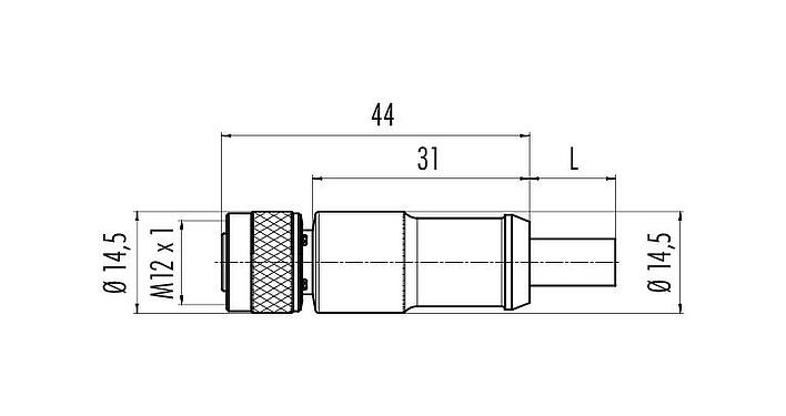 Scale drawing M12 Female cable connector, Contacts: 4, shielded, moulded on the cable, IP67, Ethernet CAT5e, TPE, teal, 2 x 2 x AWG 24, 2 m