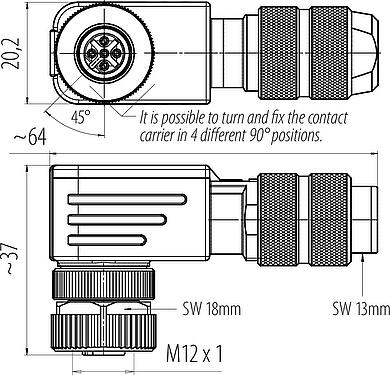Dessin coté M12 Connecteur femelle coudé, Contacts: 4, 5,0-8,0 mm, blindable, pince à visser, IP67, UL 2238, ressort à iris