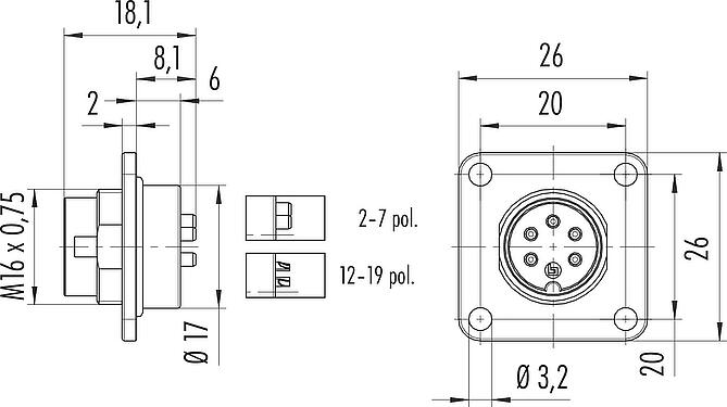 Dessin coté M16 Embase mâle, carré, Contacts: 3 (03-a), non blindé, souder, IP67, UL 2238, M3 (4x), Montage frontal