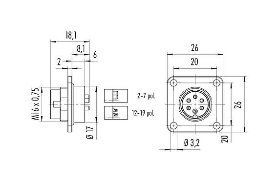 Scale drawing M16 Square male panel mount connector, Contacts: 5 (05-a), unshielded, solder, IP67, UL 2238, M3 (4x), Front mounting