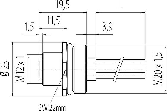 Dibujo a escala M12 Toma de brida, Número de contactos: 4, sin blindaje, hilos, IP68, UL 2238, M20x1,5, Montaje frontal, moldeado