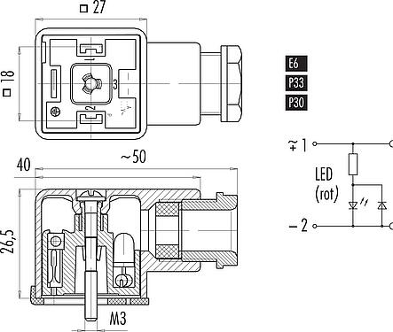 Schémas d’affectation des broches Embase femelle pour appareils, Contacts: 2+PE, 8,0-10,0 mm, non blindé, pince à visser, IP40 sans joint, PG 11, Circuit E6, avec LED, PNP