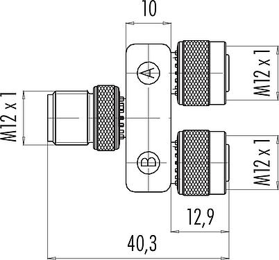 Scale drawing M12 Twin distributors Y-distributor, male connector - 2 female connector, Contacts: 4, unshielded, pluggable, IP68, UL 2238