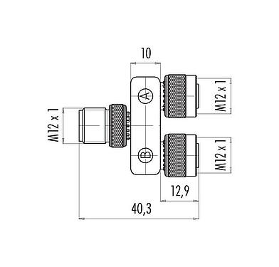 Scale drawing M12 Twin distributors Y-distributor, male connector - 2 female connector, Contacts: 5, unshielded, pluggable, IP68, UL 2238