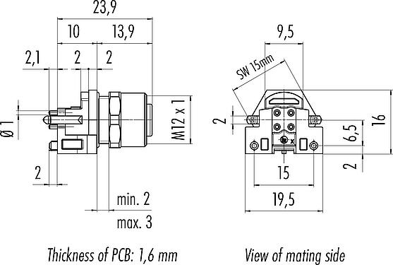 Dibujo a escala M12 Toma de brida, Número de contactos: 4, blindable, THR, IP68, UL 2238, M12x1,0, Montaje frontal, para montaje de PCB