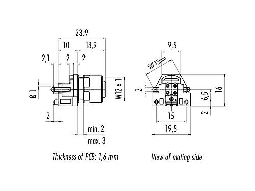 Dibujo a escala M12 Toma de brida, Número de contactos: 4, blindable, THR, IP68, UL 2238, M12x1,0, Montaje frontal, para montaje de PCB
