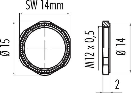 Dibujo a escala 01 0013 001 - M9 IP67 - Tuerca hexagonal con moleteado de 2mm
