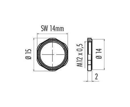 Dessin coté 01 0013 001 - M9 IP67 - Écrou hexagonal avec molette de 2 mm