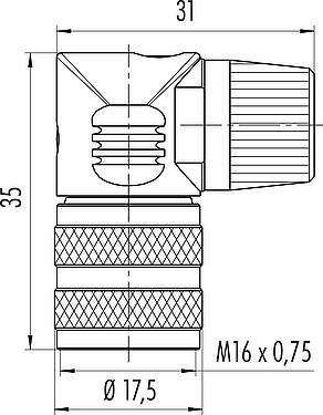 Scale drawing M16 Female angled connector, Contacts: 24, 6.0-8.0 mm, unshielded, solder, IP40