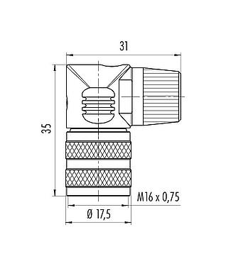 Scale drawing M16 Female angled connector, Contacts: 5 (05-a), 6.0-8.0 mm, unshielded, solder, IP40