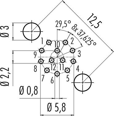 Conductor layout M12 Female panel mount connector, Contacts: 12, shieldable, THT, IP68, UL 2238, PG 9, Rear mounting, potted