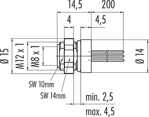 Dessin coté M8 Embase femelle, Contacts: 12, non blindé, fils, IP67/IP69K, UL 2238, M12x1,0, Montage mural arrière, coulé