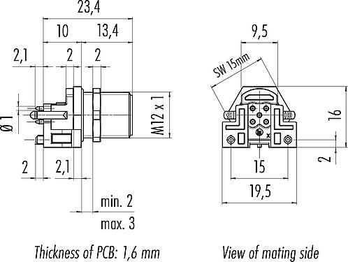Dessin coté M12 Embase mâle, Contacts: 5, blindable, THR, IP68, UL 2238, M12x1,0, Montage mural arrière, pour assemblage PCB