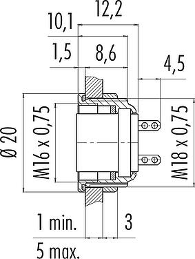 Scale drawing M16 Female panel mount connector, Contacts: 5 (05-b), unshielded, solder, IP67, UL 2238, M18x0,75, Front mounting