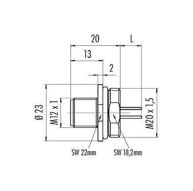 Dessin coté M12 Embase mâle, Contacts: 5, non blindé, fils, IP67, UL 2238, M20x1,5, Montage frontal