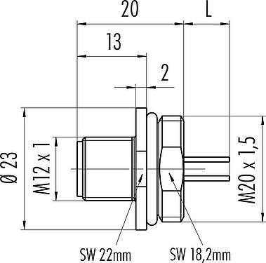 Dibujo a escala M12 Enchufe de brida, Número de contactos: 12, sin blindaje, hilos, IP67, UL 2238, M20x1,5, Montaje frontal, moldeado