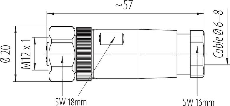 Dibujo a escala M12 Conector de cable hembra, Número de contactos: 4, 6,0-8,0 mm, sin blindaje, tornillo extraíble, IP67, Acero inoxidable