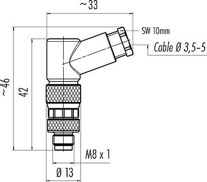 Scale drawing M8 Male angled connector, Contacts: 3, 3.5-5.0 mm, unshielded, screw clamp, IP67, UL 2238
