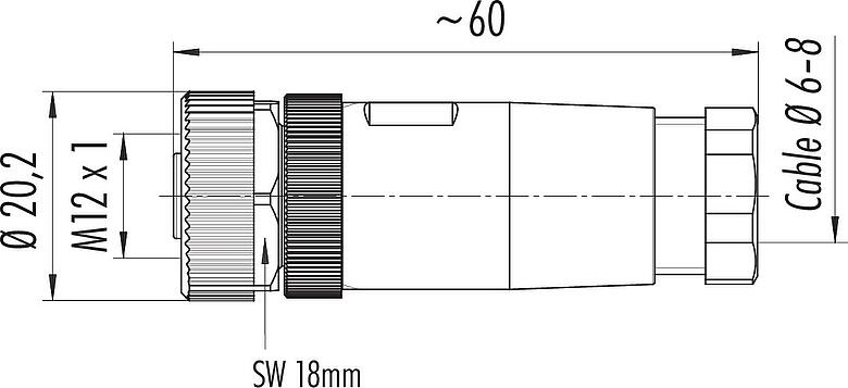 Dessin coté M12 Connecteur femelle, Contacts: 2+PE, 6,0-8,0 mm, non blindé, pince à visser, IP67, UL 2238
