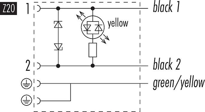 Schémas d’affectation des broches Douille d'électrovanne, Contacts: 2+2PE, non blindé, surmoulé sur le câble, IP67, PUR, noir, Circuit Z20, avec LED, PNP, 3 m