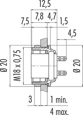 Scale drawing M16 Female panel mount connector, Contacts: 8 (08-a), unshielded, solder, IP68, UL 2238, AISG compliant, M18x0,75, Rear mounting