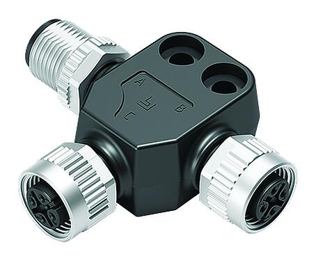 Illustration M12 Twin distributors, T-distributor, male connector - 2 female connector, Contacts: 4, unshielded, pluggable, IP68, UL 2238