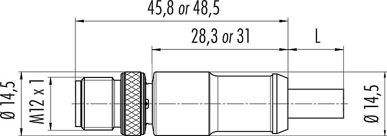 Dessin coté M12 Connecteur mâle, Contacts: 3, blindé, surmoulé sur le câble, IP67, UL 2238, PUR, noir, 3 x 0,34 mm², 10 m