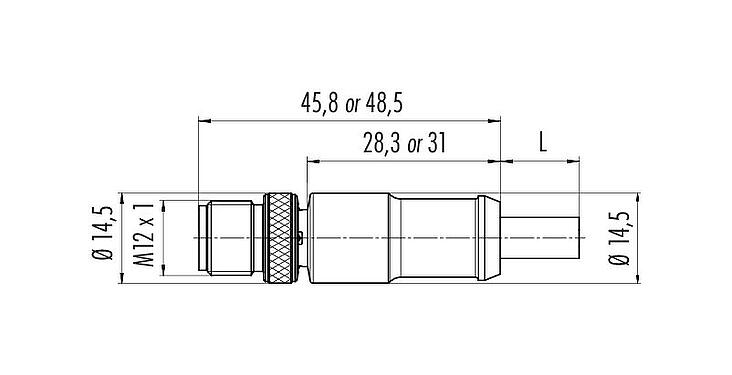 Scale drawing M12 Male cable connector, Contacts: 4, shielded, moulded on the cable, IP67, UL 2238, PUR, black, 4 x 0.34 mm², 2 m