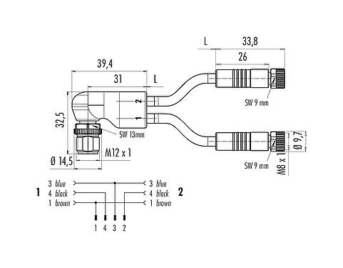 Scale drawing M12/M8 Male angled cable splitter- 2 female cable connectors, Contacts: 4/3, unshielded, moulded on the cable, IP67, UL 2238, PUR, black, 3 x 0.34 mm², 1 m