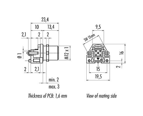 Dibujo a escala M12 Enchufe de brida, Número de contactos: 5, sin blindaje, THR, IP68, UL 2238, M12x1,0, Montaje en pared, para montaje de PCB