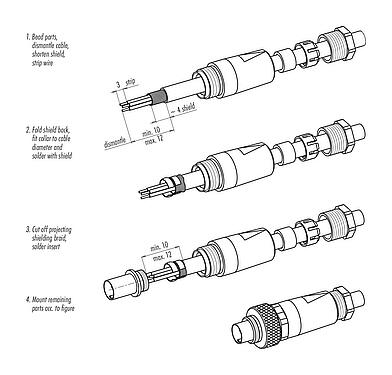 Assembly instructions M9 Female cable connector, Contacts: 3, 3.5-5.0 mm, shieldable, solder, IP67, with shielding cuff