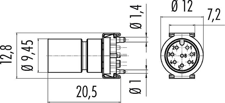 Dessin coté M12 Encastrable mâle, Contacts: 8, non blindé, SMT, IP67